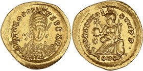 EMPIRE ROMAIN - ROMAN
Théodose II (402-450). Solidus 441-450, Constantinople.
RIC.X.292 ; Or - 4,29 g - 20,5 mm - 6 h
Avec 6 points au revers. Superbe...