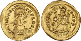 EMPIRE ROMAIN - ROMAN
Théodose II (402-450). Solidus 441-450, Constantinople.
RIC.X.313 ; Or - 4,43 g - 20,5 mm - 6 h
Avec 3 points au revers. Graffit...