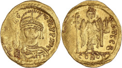 EMPIRE BYZANTIN - BYZANTINE
Maurice Tibère (582-602). Solidus ND, Constantinople, 2e officine.
BC.478 ; Or - 4,45 g - 22 mm - 6 h
Flan oblong, à la fr...