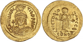 EMPIRE BYZANTIN - BYZANTINE
Maurice Tibère (582-602). Solidus ND, Constantinople, 10e officine.
BC.478 ; Or - 4,44 g - 21 mm - 7 h
De flan assez large...