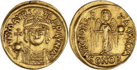 EMPIRE BYZANTIN - BYZANTINE
Maurice Tibère (582-602). solidus An 11 (IA) = 592-593, Carthage.
BC.548 ; Or - 4,38 g - 20 mm - 6 h
Belle couleur dorée. ...