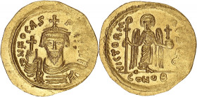 EMPIRE BYZANTIN - BYZANTINE
Phocas (602-610). Solidus ND (607-610), Constantinople, 9e officine.
BC.616 ; Or - 4,47 g - 22 mm - 6 h
De flan large, la ...