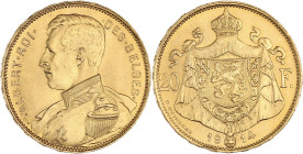 BELGIQUE - BELGIUM
Albert Ier (1909-1934). 20 francs or, légende française 1914, Bruxelles.
M.281a - Fr.421 ; Or - 6,44 g - 21 mm - 6 h
Superbe à Fleu...