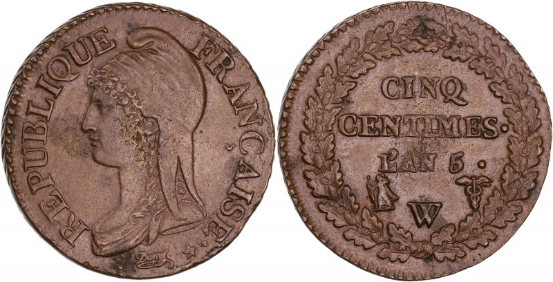 FRANCE
Directoire (1795-1799). Cinq centimes Dupré, grand module An 5 (1796), W,...