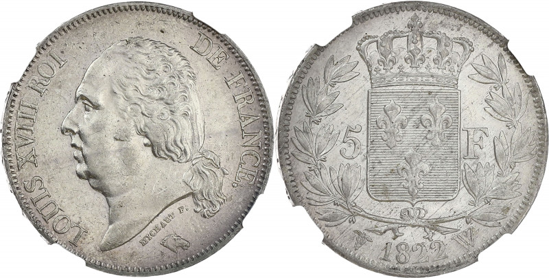 FRANCE
Louis XVIII (1814-1824). 5 francs buste nu 1822, W, Lille.
G.614 - F.30...