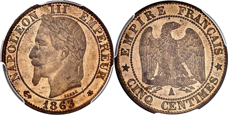 FRANCE
Second Empire / Napoléon III (1852-1870). Cinq centimes tête laurée 1863,...