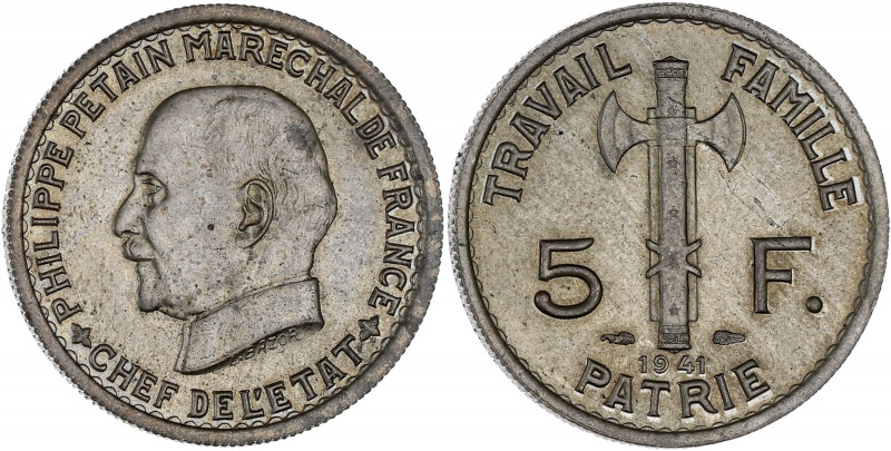 FRANCE
État Français (1940-1944). 5 francs Pétain 1941, Paris.
G.764 ; Cupro-nic...