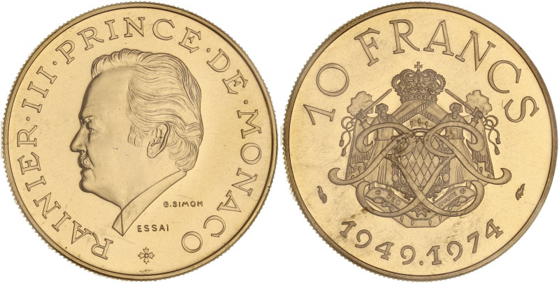 MONACO
Rainier III (1949-2005). Essai de 10 francs en Or, 25e anniversaire de rè...