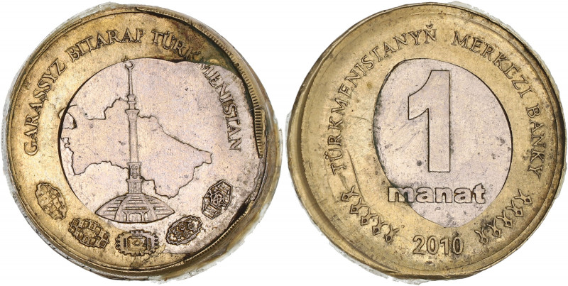 TURKMENISTAN
République. 1 manat, coeur décentré 2010.
KM.103 ; Bimétallique - 9...