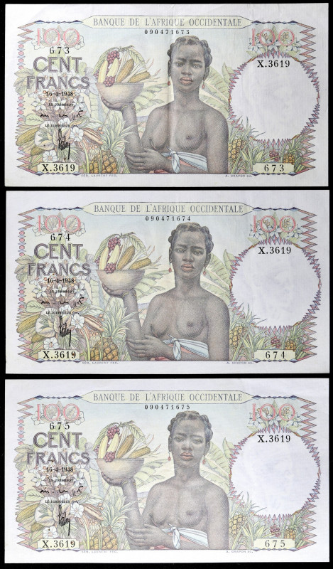 AFRIQUE OCCIDENTALE FRANÇAISE - FRENCH WEST AFRICA
Lot (3) - 100 francs avec num...