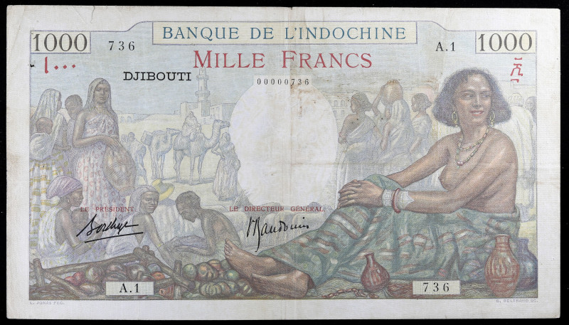 DJIBOUTI
1000 francs - Banque de l’Indochine petit numéro ND (1938).
P.10.
Alpha...