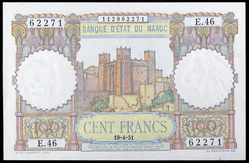 MAROC - MOROCCO
100 francs - Banque d’État du Maroc 19-4-1951.
P.45.
Alphabet E....