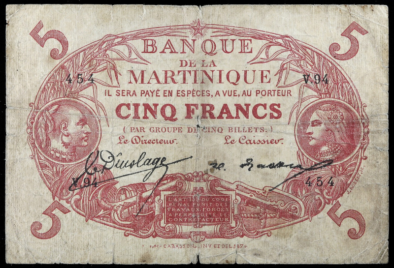 MARTINIQUE
5 francs rouge type 1901 “Cabasson” ND (1922).
P.6A.
Alpahbet V.94 - ...