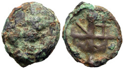 Skythia, Olbia. Ca. 437-410 B.C. AE (28 mm, 16.24 g). Gorgoneion / A-P-I-X within spokes of wheel. Anokhin 170; SNG BM 385.