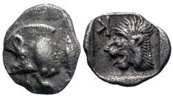 Mysia, Kyzikos. Ca. 500-450 B.C. AR obol (9 mm, 0.82 g). Boar / lion.