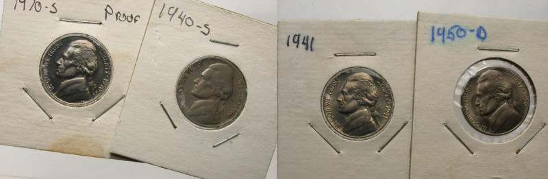 USA. Lot of four (4) Jefferson nickels. Includes 1940-S. VF // 1941-P. BU // 195...