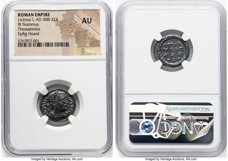 Licinius I (AD 308-324). BI nummus (19mm, 6h). NGC AU. Thessalonica, 1st officin...