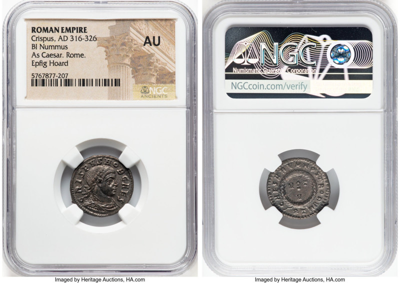 Crispus, as Caesar (AD 316-326). AE3 or BI nummus (20mm, 12h). NGC AU. Rome, 3rd...