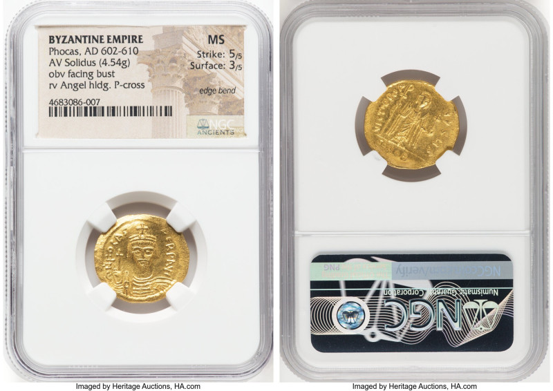 Phocas (AD 602-610). AV solidus (22mm, 4.54 gm, 7h). NGC MS 5/5 - 3/5, edge bend...