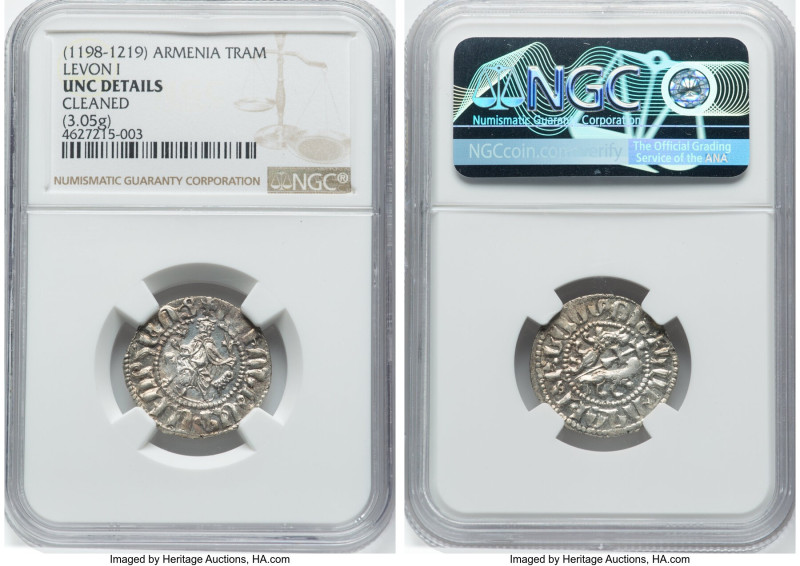 Cilician Armenia. Levon I Tram ND (1198-1219) UNC Details (Cleaned) NGC, 3.05gm....