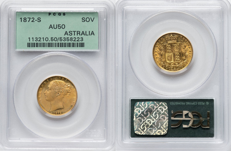 Victoria gold "Shield" Sovereign 1872-S AU50 PCGS, Sydney mint, KM6, Fr-11. HID0...