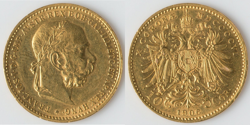 Franz Joseph I gold 10 Corona 1906 UNC, Vienna mint, KM2805, Fr-506. 19mm. 3.37g...