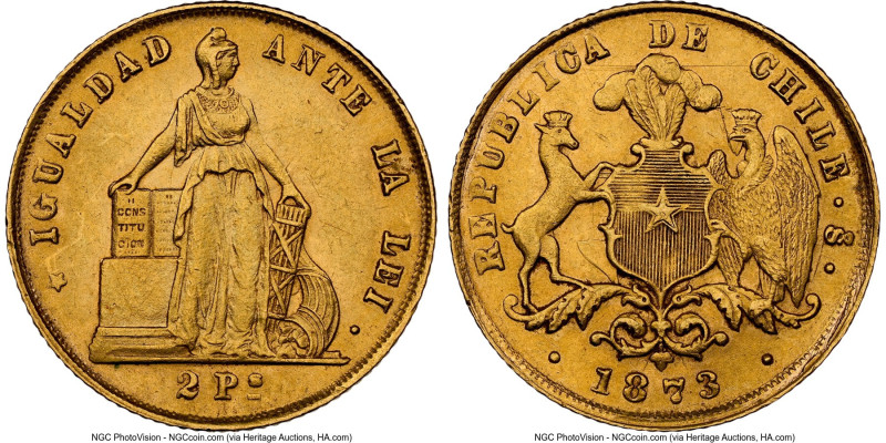 Republic gold 2 Pesos 1873-So MS62 NGC, Santiago mint, KM143, Fr-47. HID09801242...