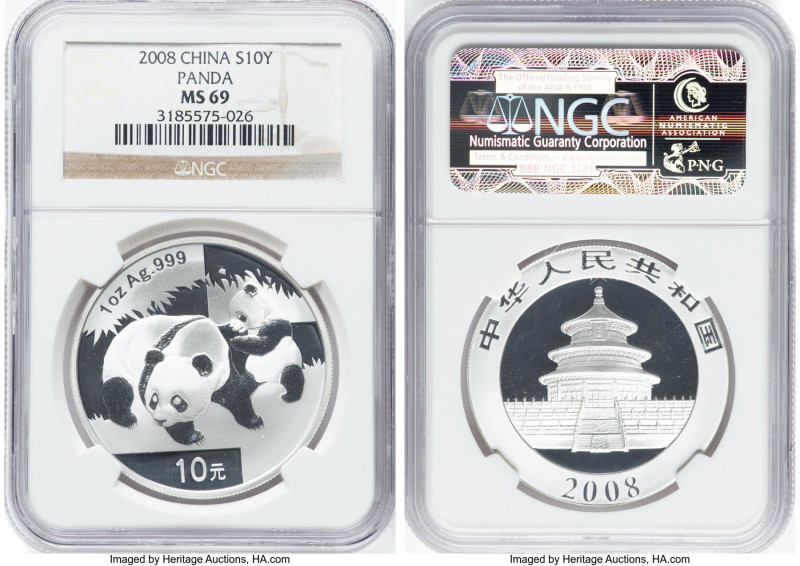 People's Republic silver "Panda" 10 Yuan (1 oz) 2008 MS69 NGC, KM1814, PAN-495A....