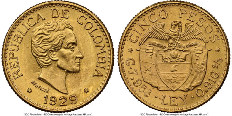 Republic gold 5 Pesos 1929 MS66 NGC, Medellin mint, KM204, Fr-115. HID0980124201...