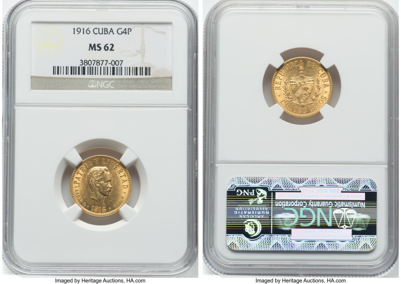 Republic gold 4 Pesos 1916 MS62 NGC, Philadelphia mint, KM18, Fr-5. HID098012420...