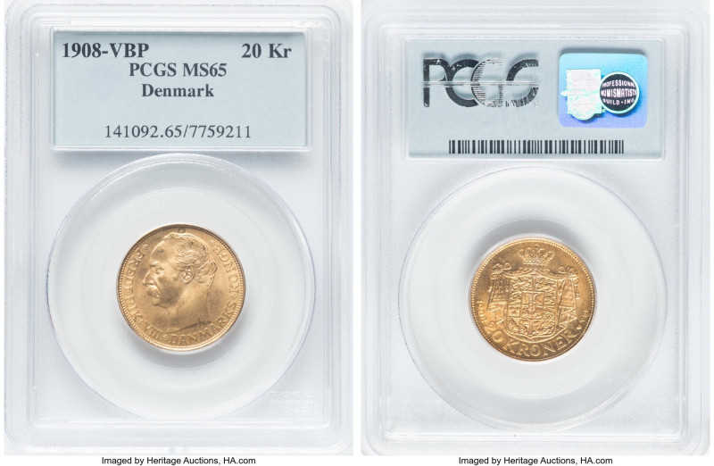 Frederick VIII gold 20 Kroner 1908 (h)-VBP MS65 PCGS, Copenhagen mint, KM810, Fr...