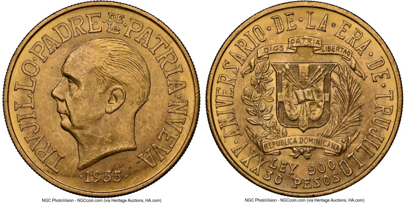 Republic gold "Trujillo Anniversary" 30 Pesos 1955 MS63 NGC, KM24, Fr-1. Commemo...