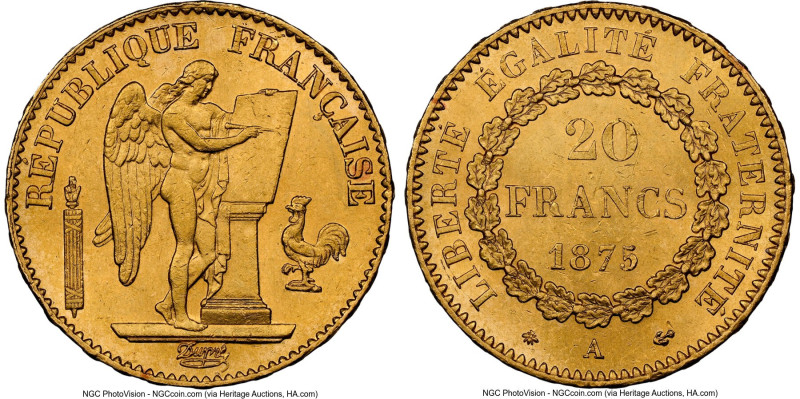 Republic gold 20 Francs 1875-A MS64+ NGC, Paris mint, KM825, Gad-1063. HID098012...