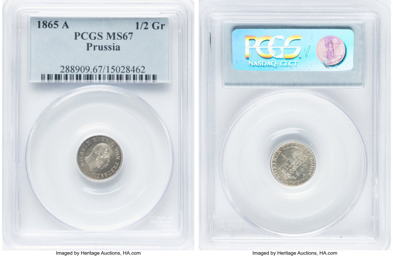 Prussia. Wilhelm I 1/2 Groschen 1865-A MS67 PCGS, Berlin mint, KM485, J-89. HID0...