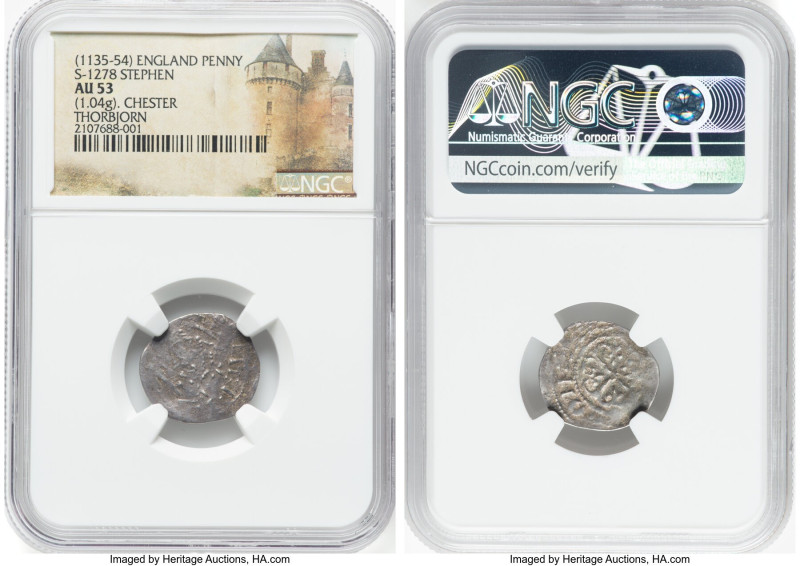 Stephen (1135-1154) Penny ND (1136-1145) AU53 NGC, Chester mint, Thorbjorn as mo...