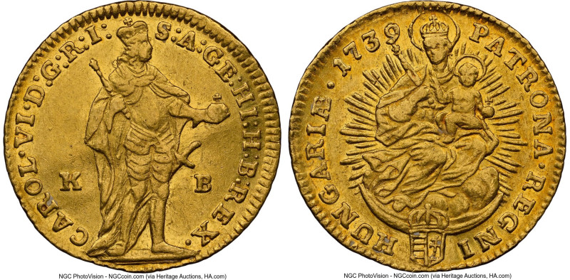 Karl VI gold Ducat 1739-KB AU55 NGC, Kremnitz mint, KM306.2, Huszar-1586. HID098...