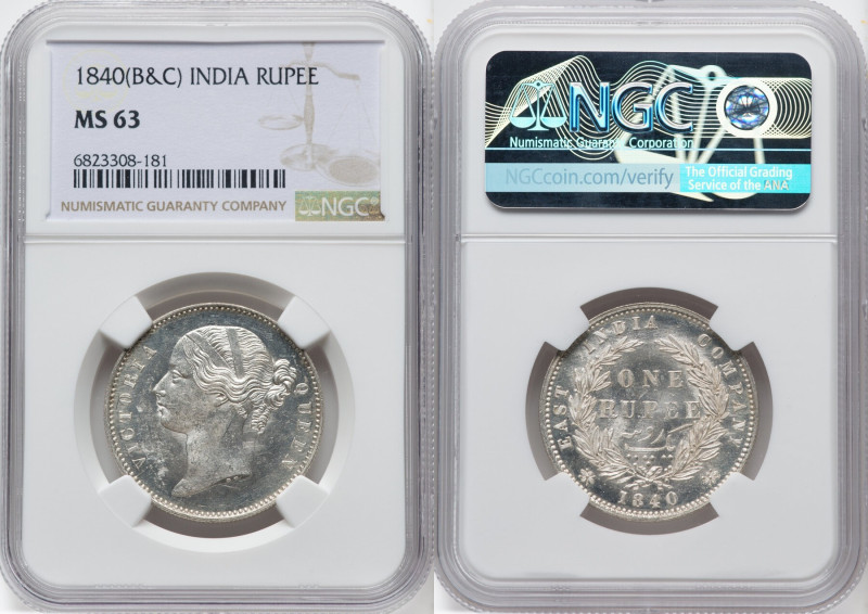 British India. Victoria Rupee 1840-(b & c) MS63 NGC, Bombay & Calcutta mint, KM4...