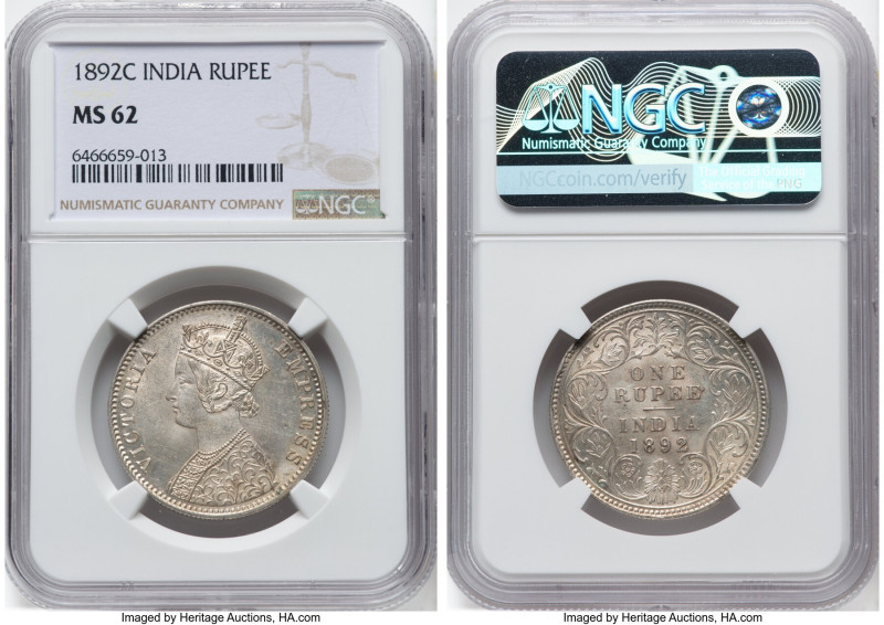 British India. Victoria Rupee 1892-C MS62 NGC, Calcutta mint, KM492. Type C bust...