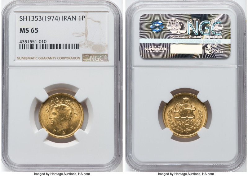 Muhammad Reza Pahlavi gold Pahlavi 1353 (1974) MS65 NGC, Tehran mint, KM1162. HI...