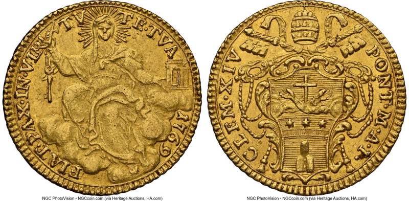 Papal States. Clement XIV gold Zecchino Anno I (1769) AU58 NGC, Rome mint, KM101...