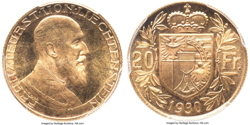 Franz I gold 20 Franken 1930 MS66 PCGS, KM-Y12, Fr-15. Mintage: 2,500. One year ...