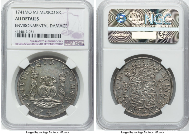 Philip V 8 Reales 1741 Mo-MF AU Details (Environmental Damage) NGC, Mexico City ...