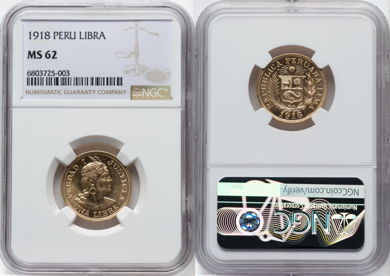 Republic gold Libra 1918 MS62 NGC, Lima mint, KM207, Fr-73. HID09801242017 © 202...