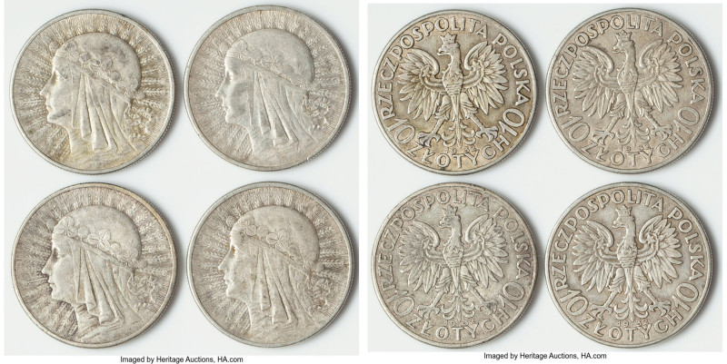 Republic 4-Piece Lot of Uncertified 10 Zlotych 1932 XF, London mint, KM-Y22. 34m...