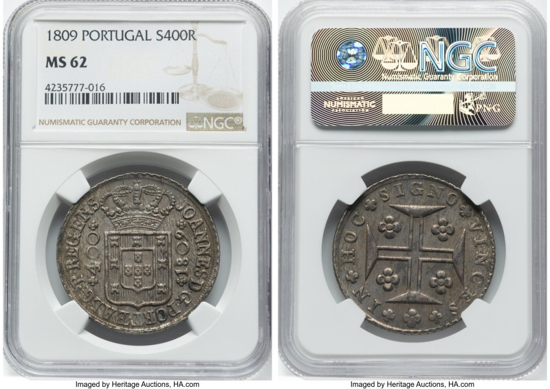 João Prince Regent 400 Reis 1809 MS62 NGC, Lisbon mint, KM331. Wood-grain patter...