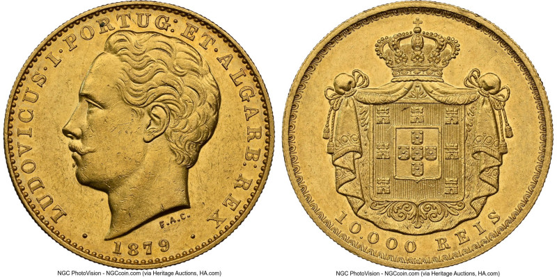 Luiz I gold 10000 Reis 1879 AU58 NGC, Lisbon mint, KM520, Fr-152. HID09801242017...