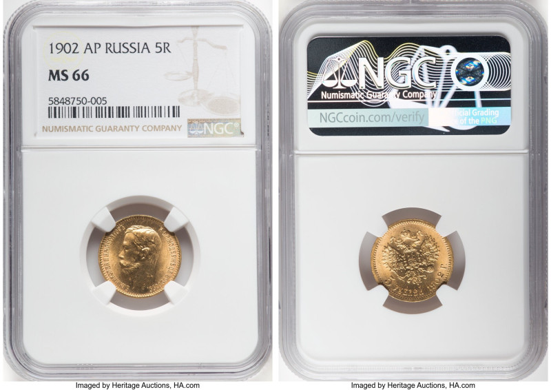 Nicholas II gold 5 Roubles 1902-AP MS66 NGC, St. Petersburg mint, KM-Y62, Fr-180...