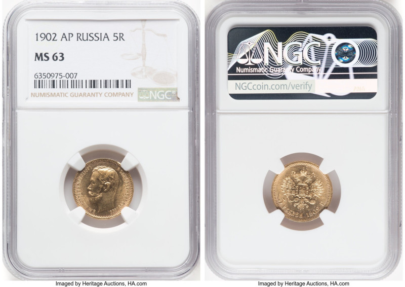 Nicholas II gold 5 Roubles 1902-AP MS63 NGC, St. Petersburg mint, KM-Y62, Fr-180...