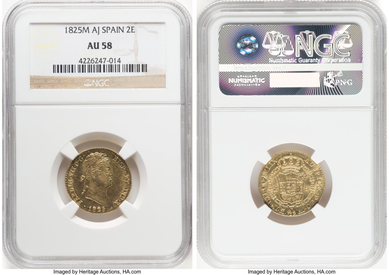 Ferdinand VII gold 2 Escudos 1825 M-AJ AU58 NGC, Madrid mint, KM483.1, Fr-315. H...