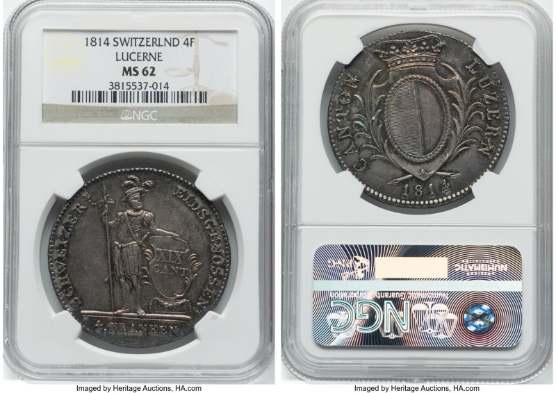 Lucerne. Canton 4 Franken 1814 MS62 NGC, KM109, Dav-364. Two year type. HID09801...